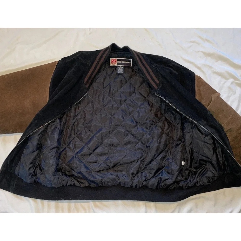Vintage Free Country Bomber Jacket Mens Large Black Suede Brown Leather Varsity